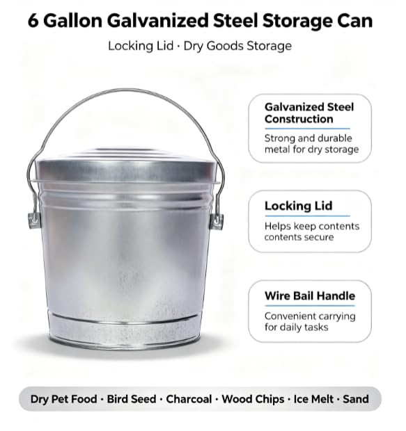 Galvanized Steel 6 Gallon Storage Can with Locking Lid S44026