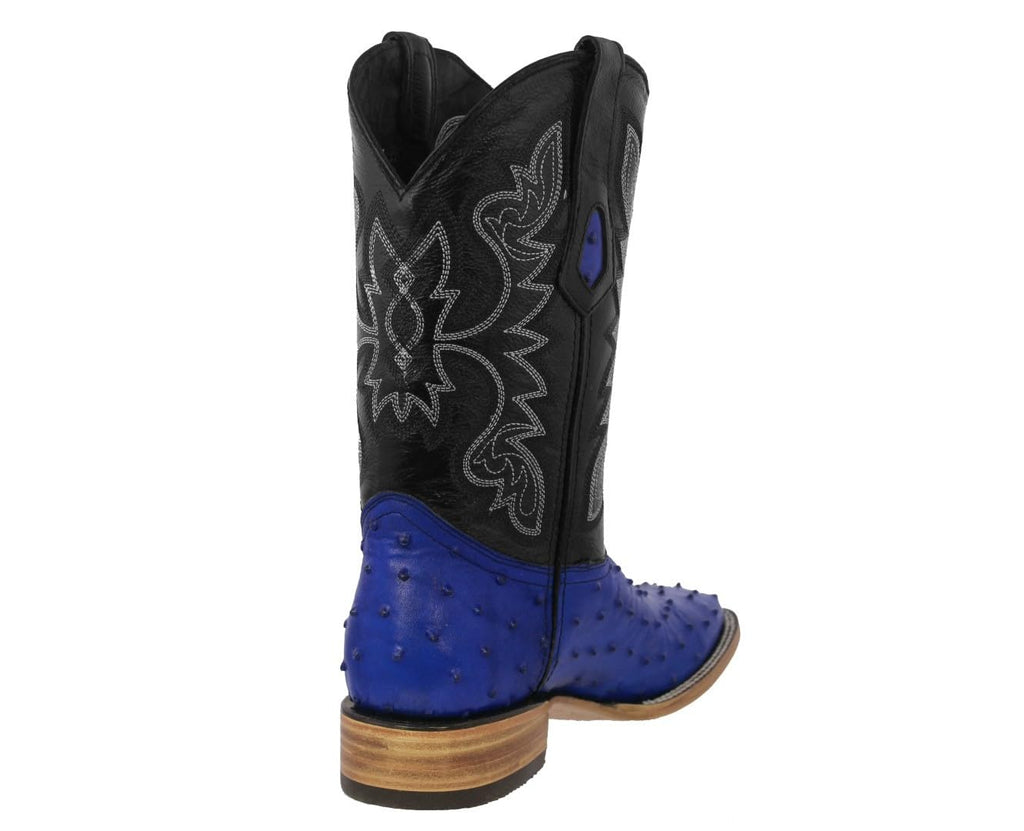 Blue Ostrich Quill Print Leather Square Toe Cowboy Boots N360