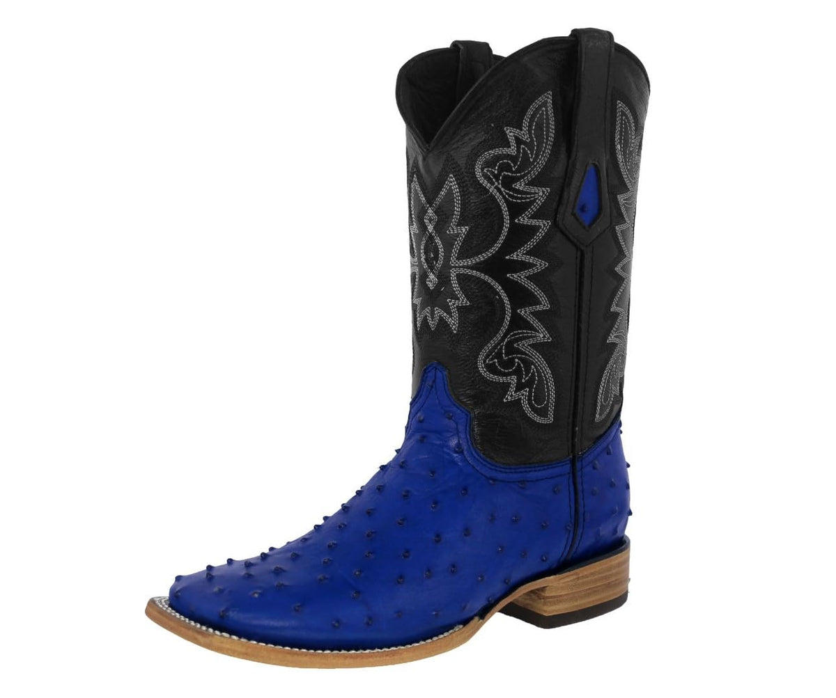 Blue Ostrich Quill Print Leather Square Toe Cowboy Boots N360
