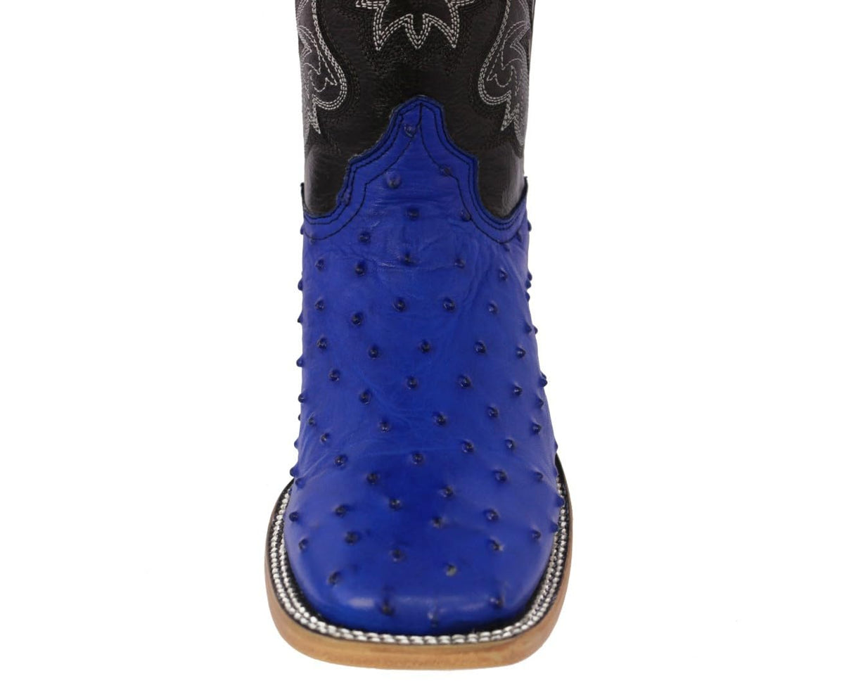 Blue Ostrich Quill Print Leather Square Toe Cowboy Boots N360