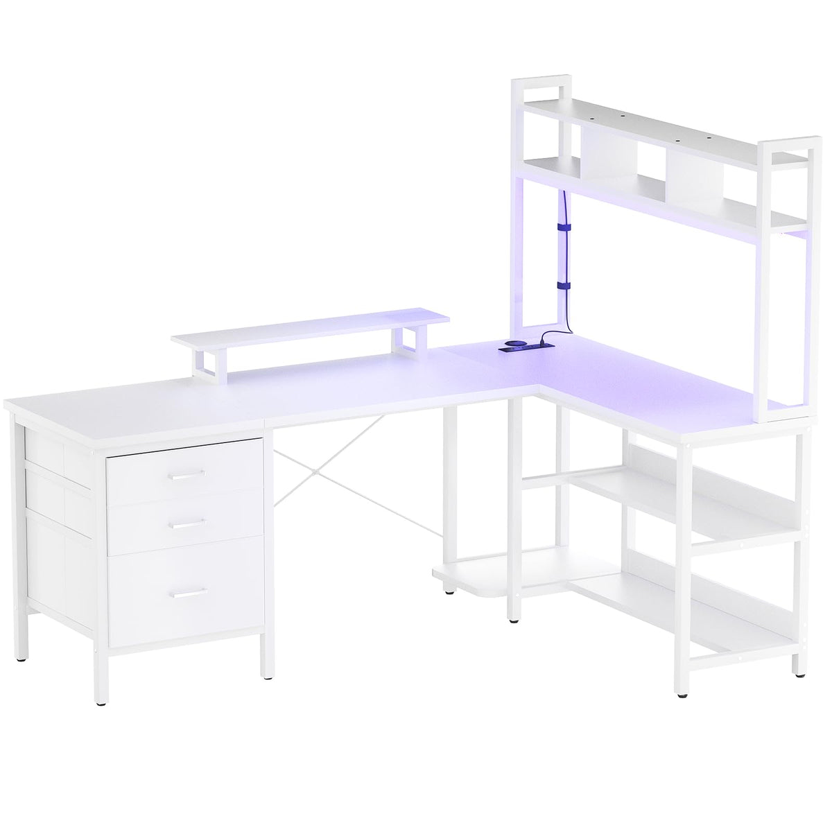 White L Shaped Gaming Desk with Hutch and Led Lights T5861