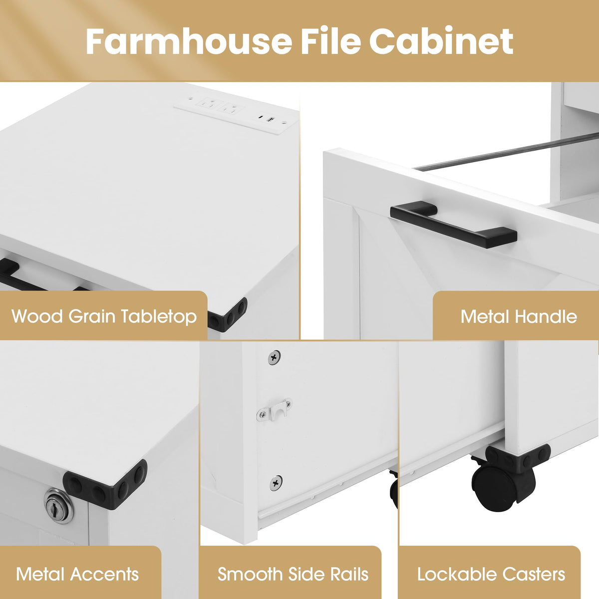 Small Wood File Cabinet with Charging Station and Lock, 3 Drawers Z414228