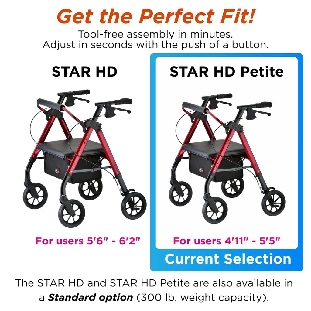 Heavy Duty Petite Rollator Walker with Padded Seat, 8" Wheels, Red F1130
