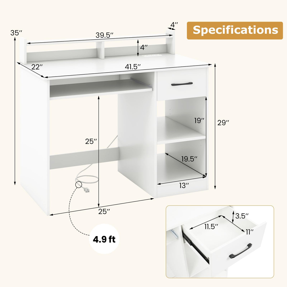 White Desk with Drawer and Keyboard Tray X51370