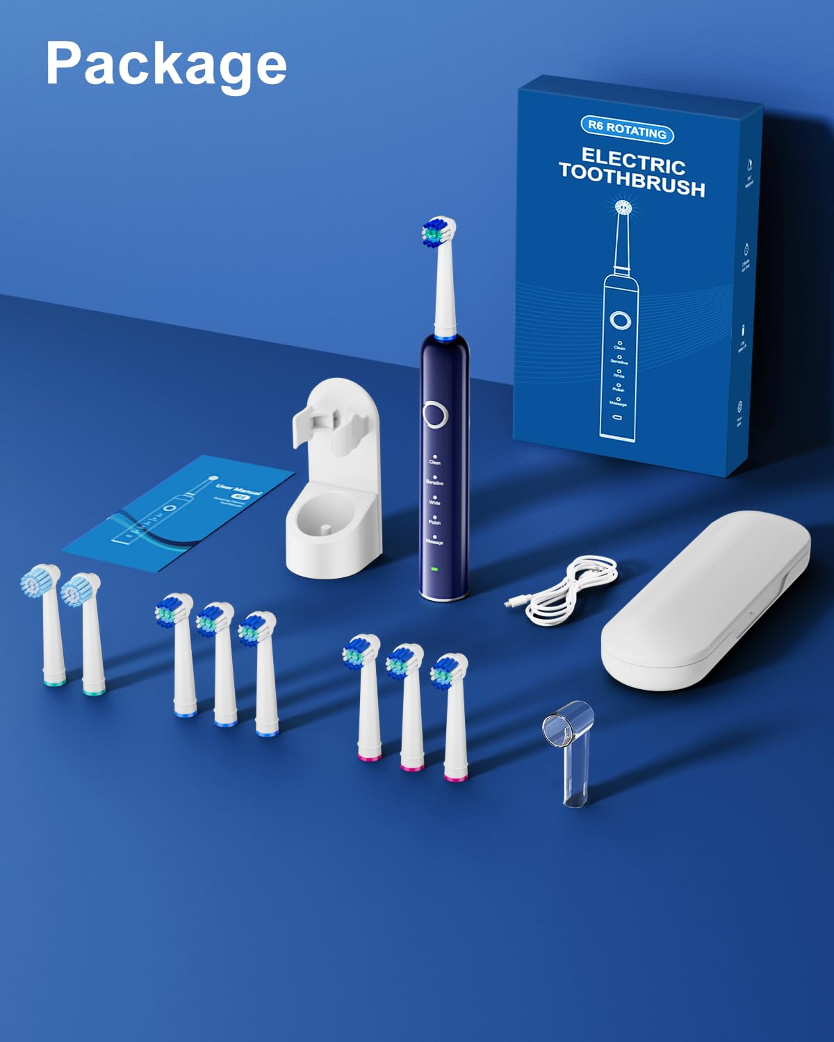 Black Rechargeable Electric Toothbrush with 8 Brush Heads D208