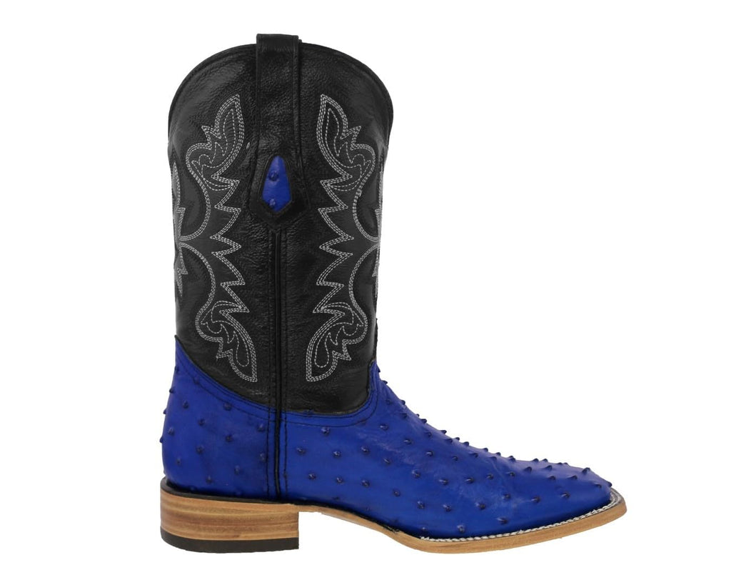 Blue Ostrich Quill Print Leather Square Toe Cowboy Boots N360