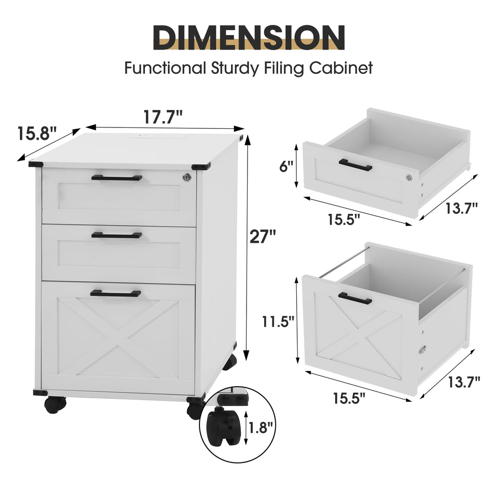 Small Wood File Cabinet with Charging Station and Lock, 3 Drawers Z414228