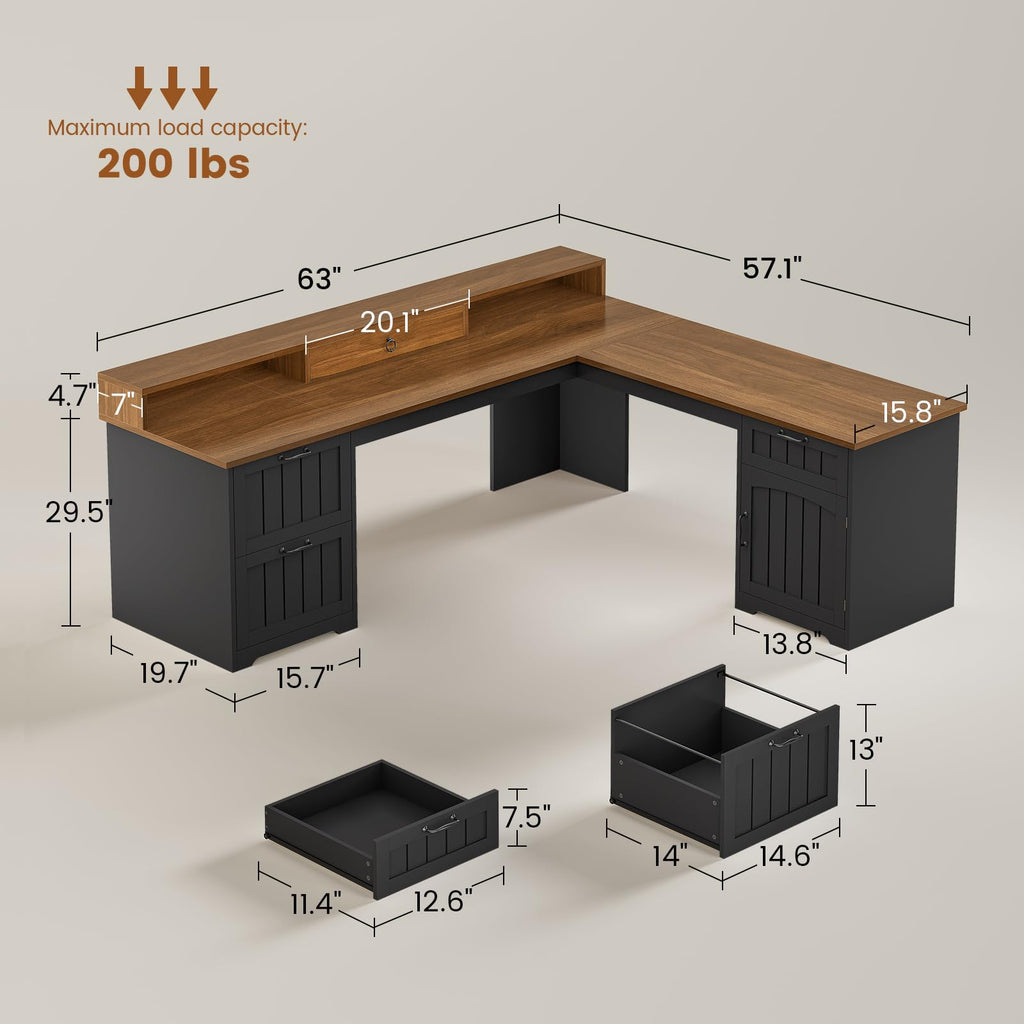 63" L Shaped Desk with Drawers and Storage Cabinet O7139