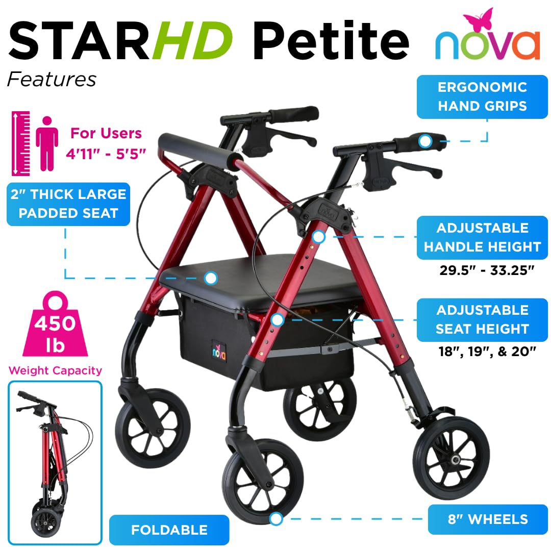 Heavy Duty Petite Rollator Walker with Padded Seat, 8" Wheels, Red F1130