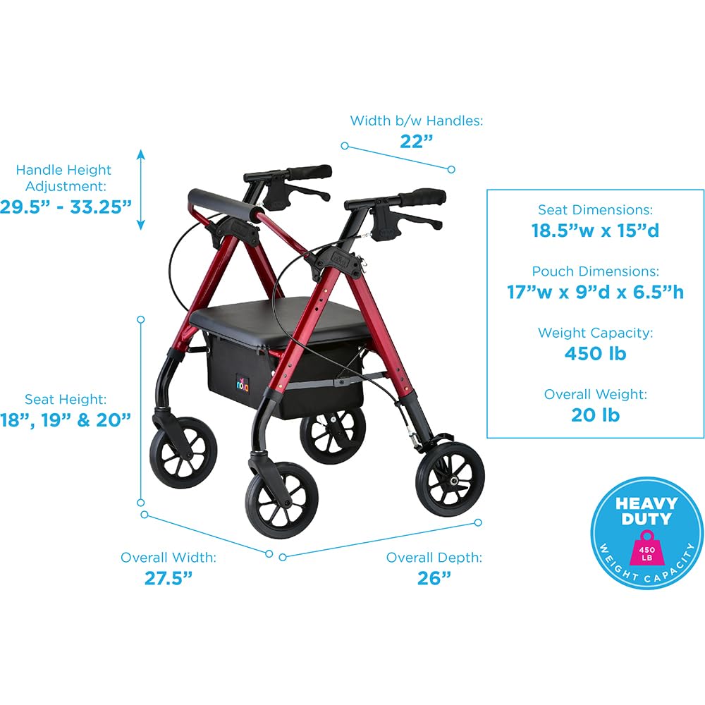 Heavy Duty Petite Rollator Walker with Padded Seat, 8" Wheels, Red F1130