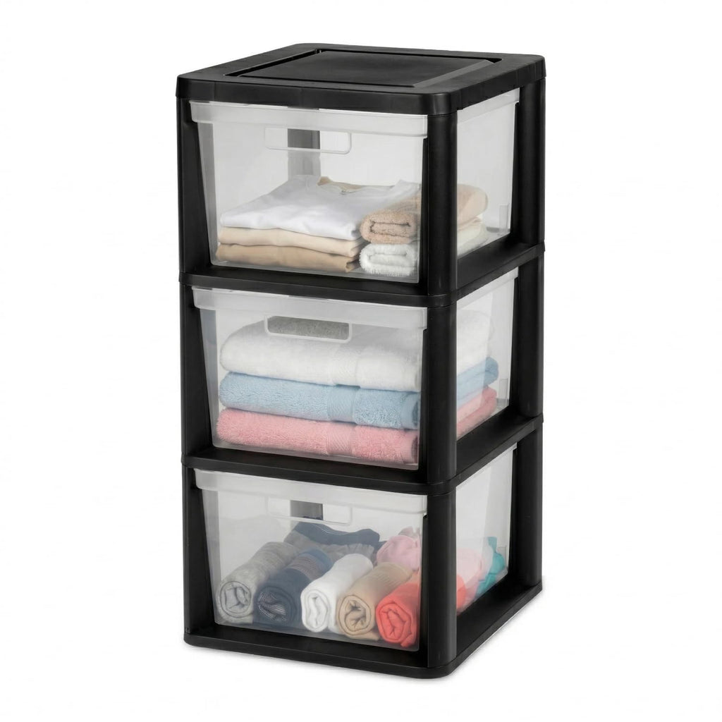 Black 3 Drawer Plastic Storage Tower with Clear Removable Bins H404225