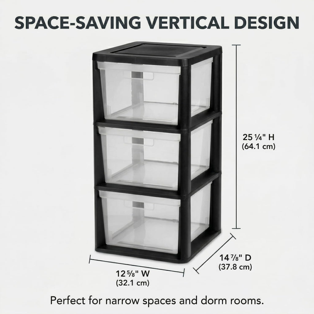 Black 3 Drawer Plastic Storage Tower with Clear Removable Bins H404225
