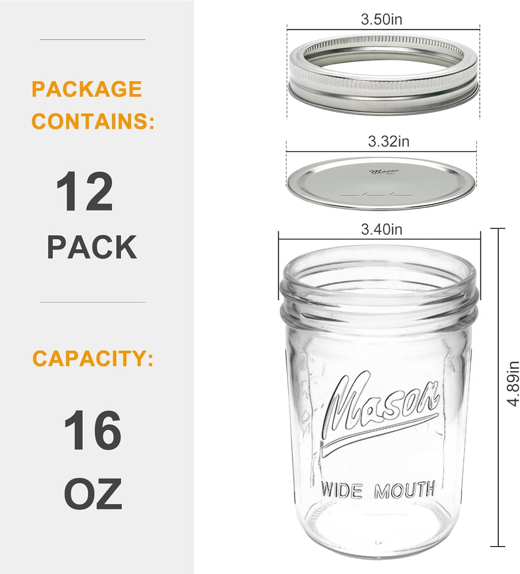 16 oz Glass Mason Jars with Lids 12pcs B679