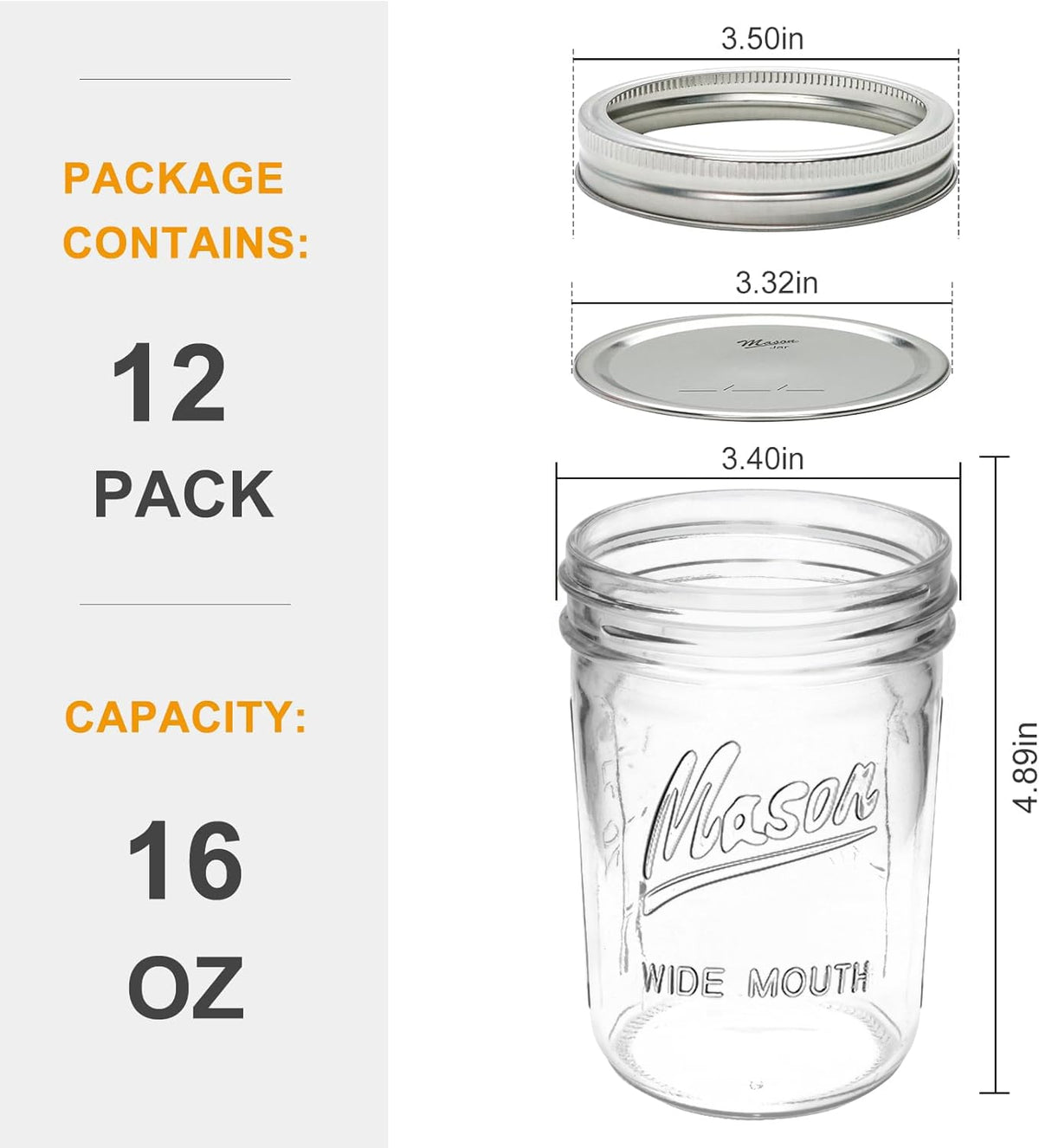 16 oz Glass Mason Jars with Lids 12pcs B679