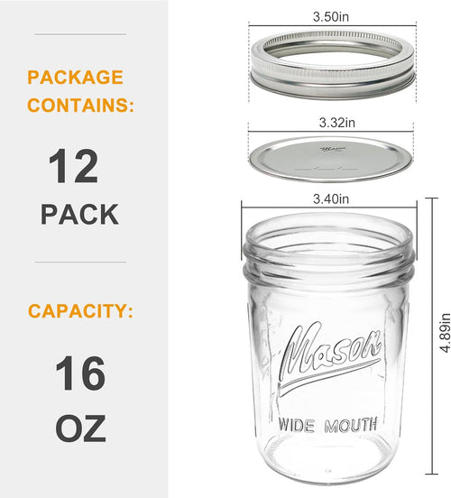 16 oz Glass Mason Jars with Lids 12pcs B679