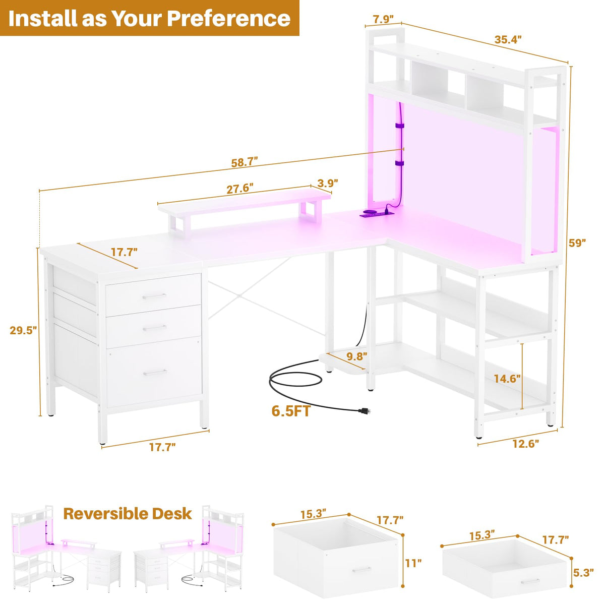 White L Shaped Gaming Desk with Hutch and Led Lights T5861
