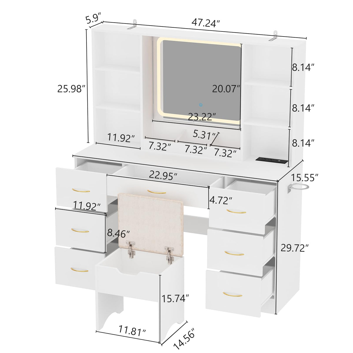 47" White Vanity Desk with Mirror and Lights E3227