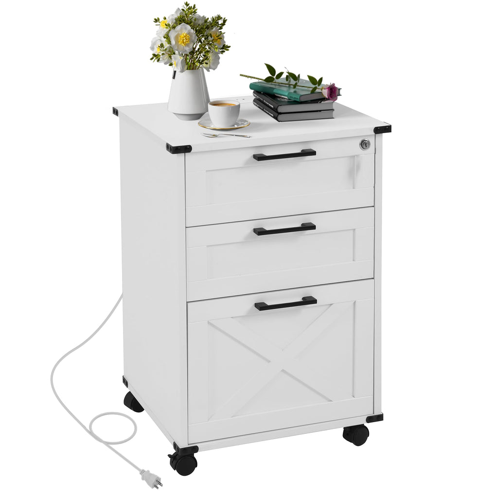 Small Wood File Cabinet with Charging Station and Lock, 3 Drawers Z414228