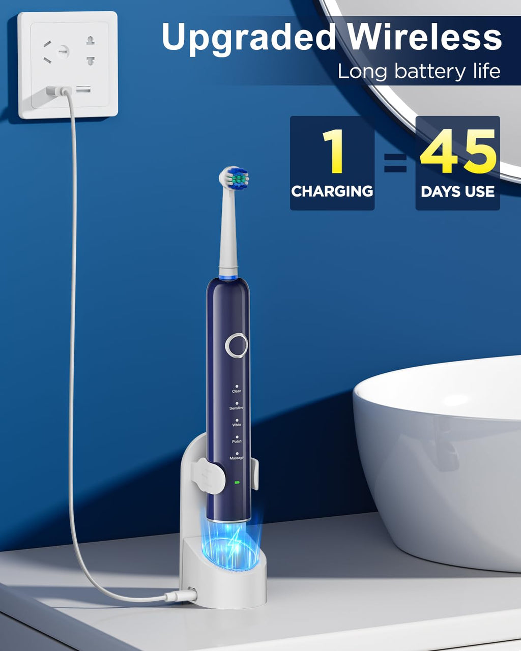 Black Rechargeable Electric Toothbrush with 8 Brush Heads D208