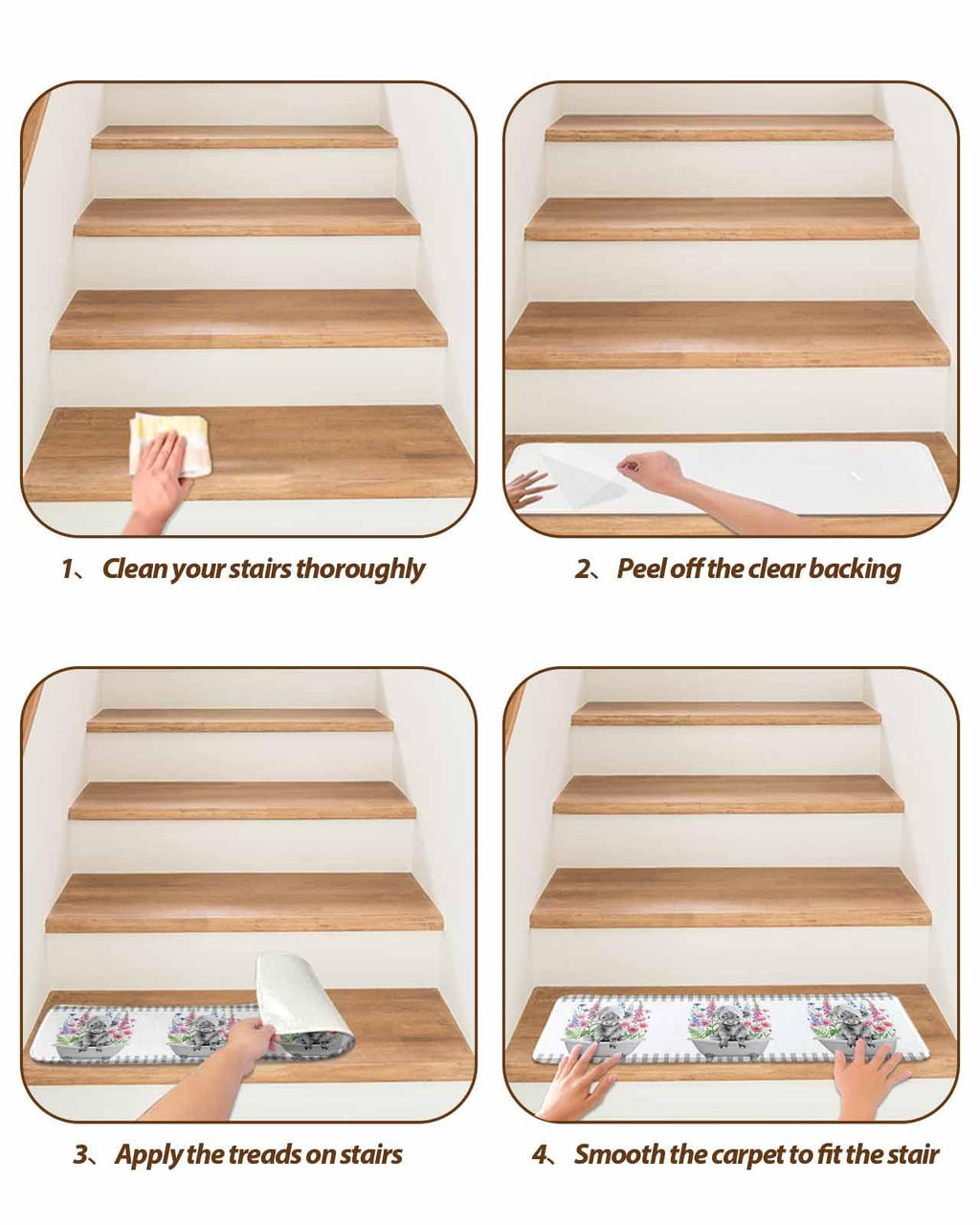 Pink Floral Non Slip Stair Treads 4 Pcs V848