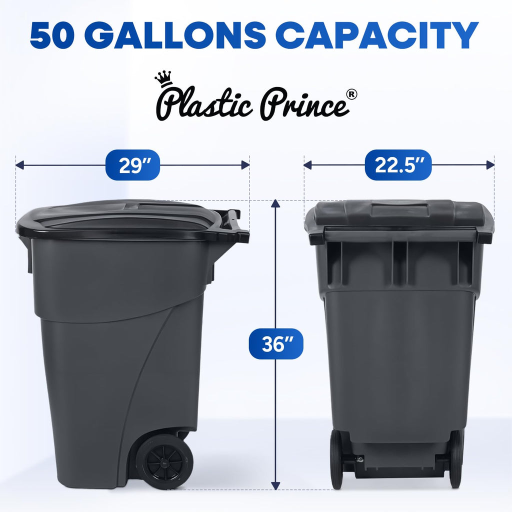 50 Gallon Gray Outdoor Trash Can with Lid and Wheels T500