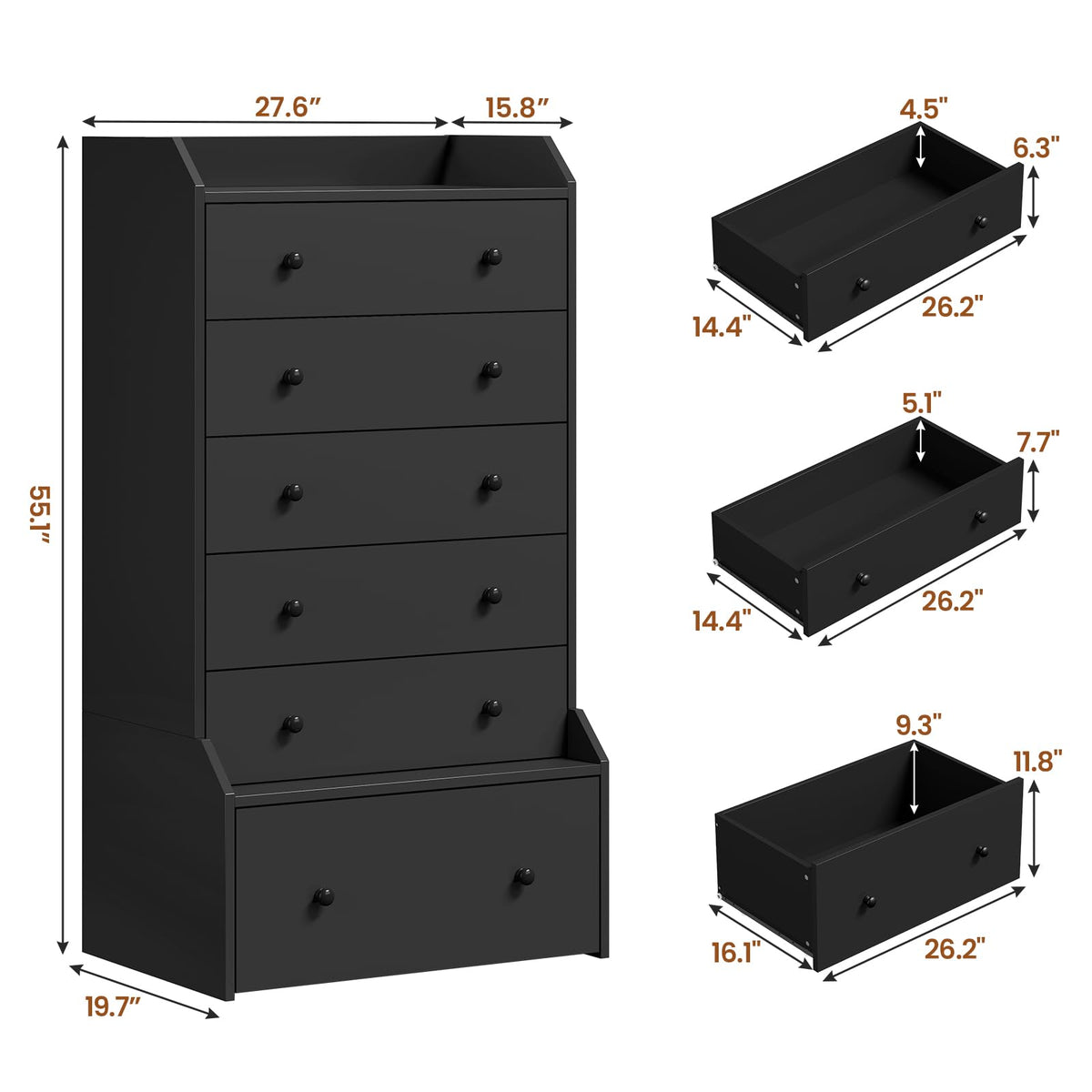 6 Drawer Tall Black Dresser K367