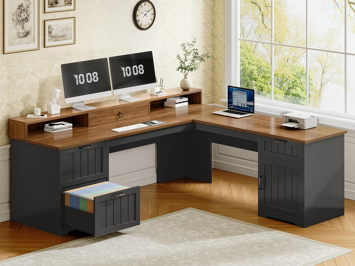 63" L Shaped Desk with Drawers and Storage Cabinet O7139