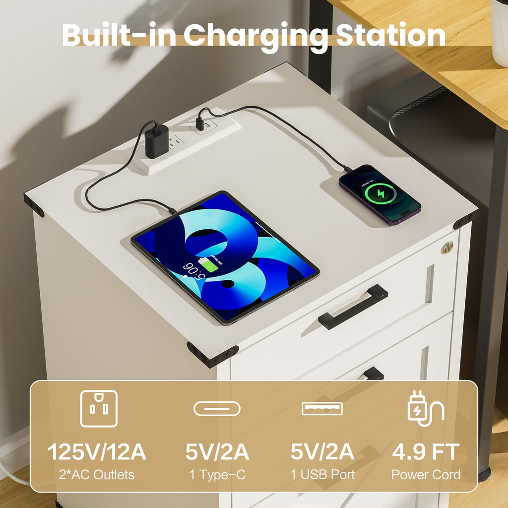 Small Wood File Cabinet with Charging Station and Lock, 3 Drawers Z414228