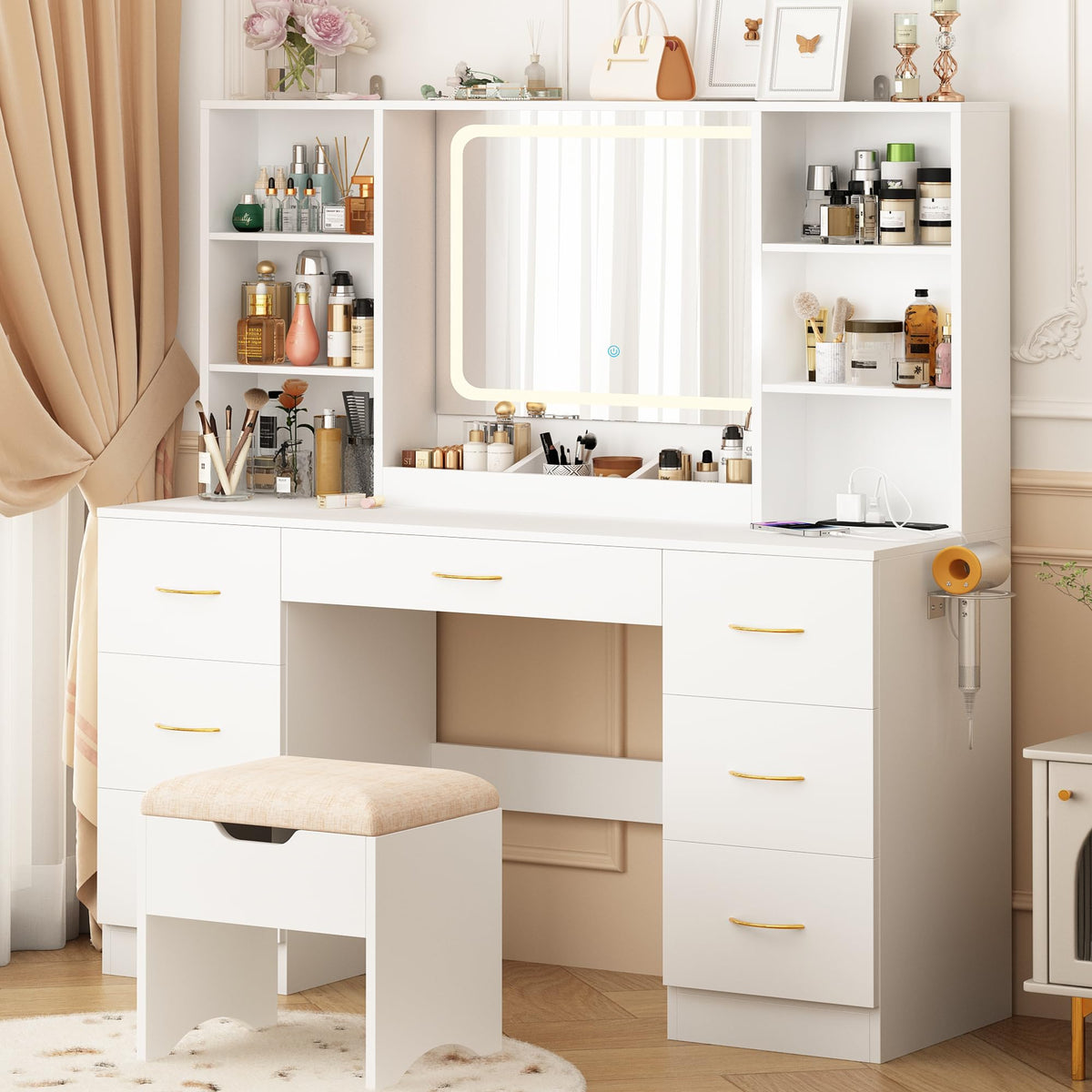 47" White Vanity Desk with Mirror and Lights E3227