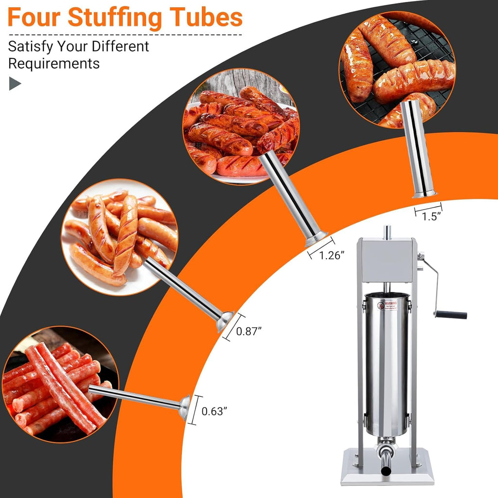 7L Stainless Steel Vertical Sausage Stuffer with 5 Stuffing Tubes Z82839