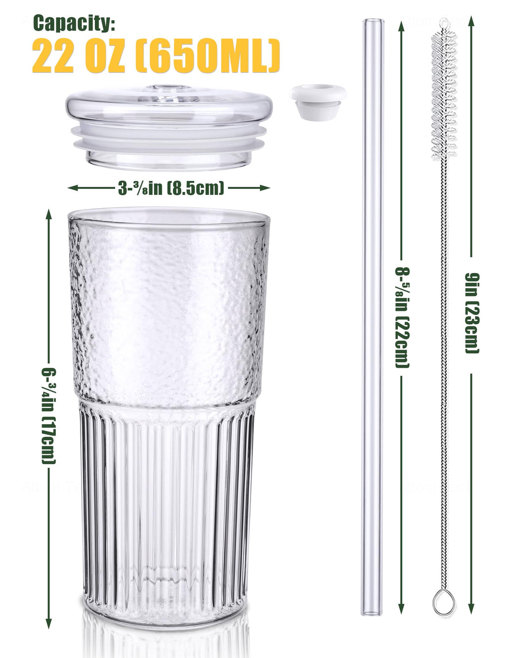 High Borosilicate Glass Tumbler Cup with Lid and Straw, 22oz Clear 2 Pack I330865