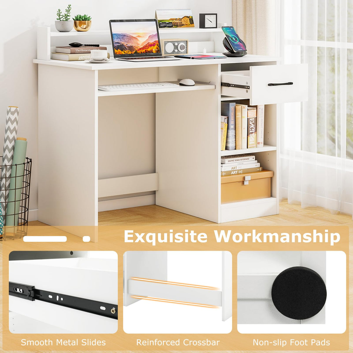 White Desk with Drawer and Keyboard Tray X51370