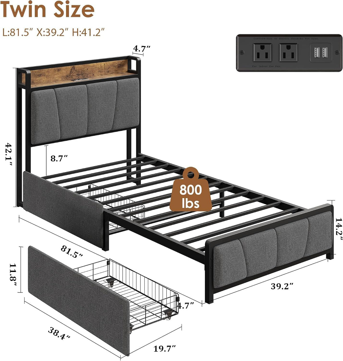 Twin Size Bed Frame with Storage Drawers and Charging Station J85652