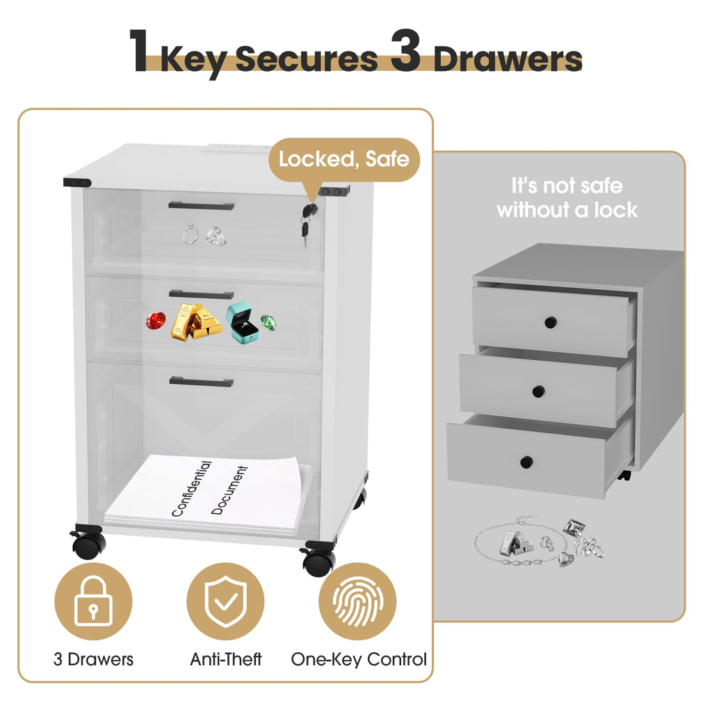 Small Wood File Cabinet with Charging Station and Lock, 3 Drawers Z414228