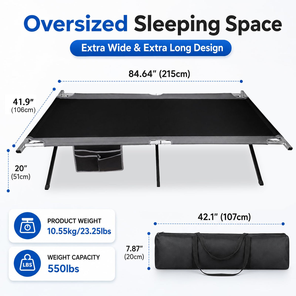42" Extra Wide Heavy Duty Folding Cot Bed with Carry Bag O745886