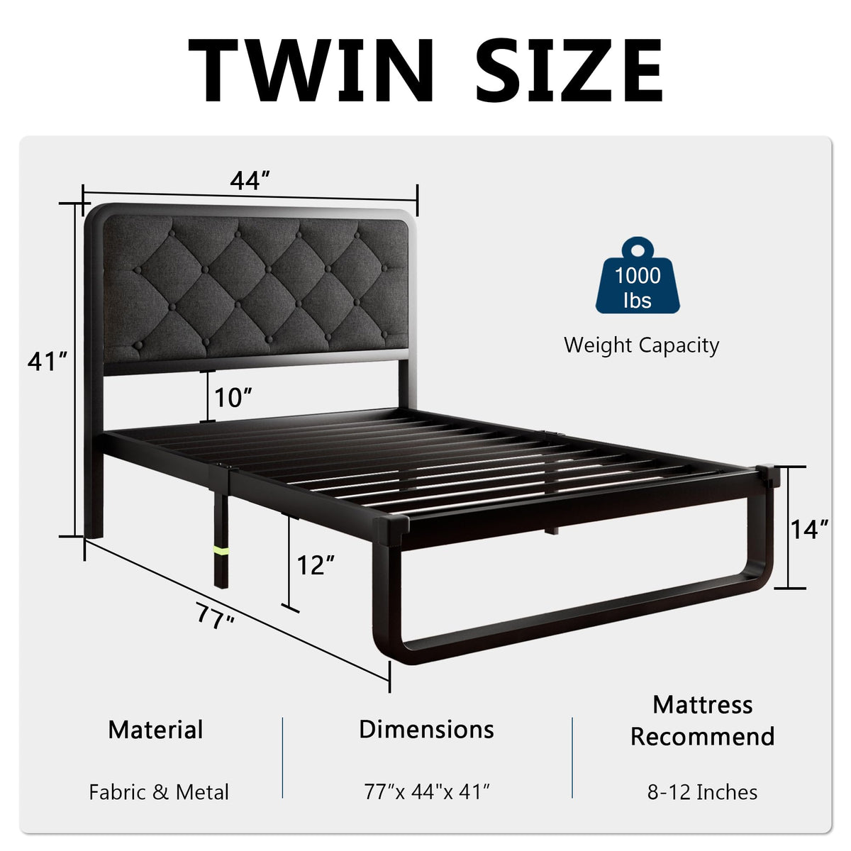 Twin Metal Platform Bed Frame with Linen Upholstered Headboard V75876