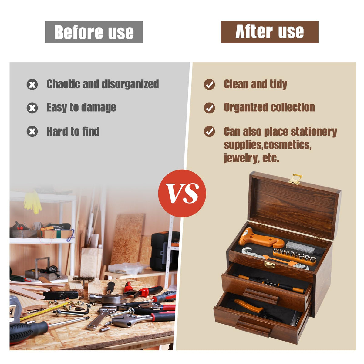 11 Inch Wooden Tool Box with 2 Drawers U45152