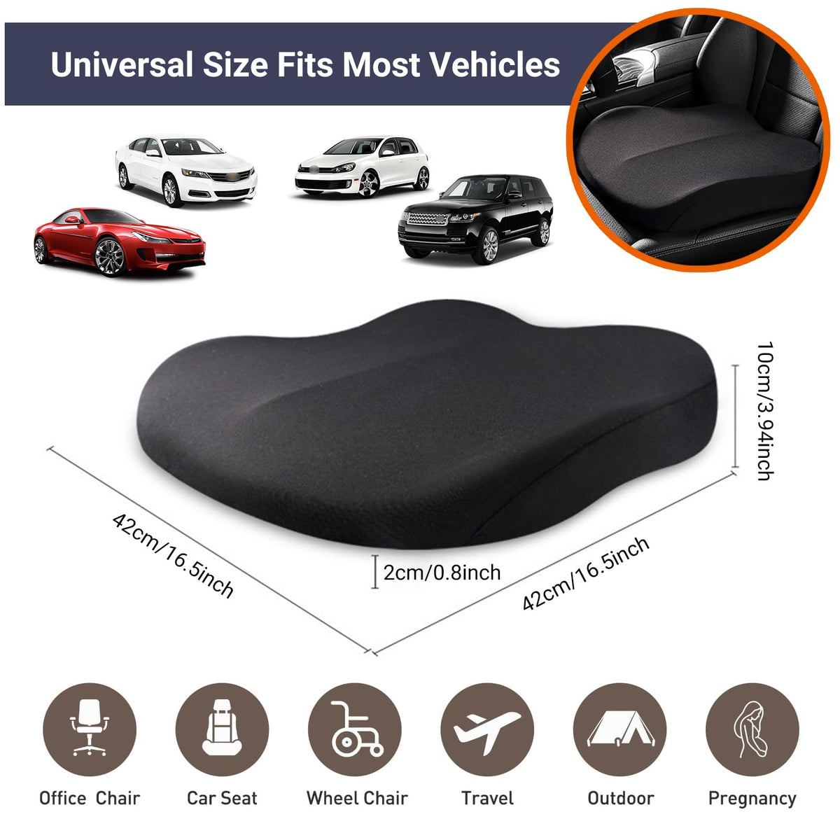 Black Memory Foam Car Seat Cushion L27138