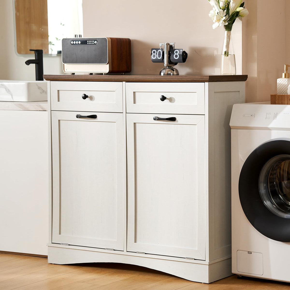 Antique White Double Tilt Out Trash Cabinet Q8843