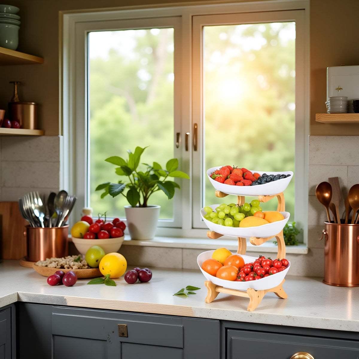 3 Tier Plastic Fruit Bowl with Bamboo Stand F812838