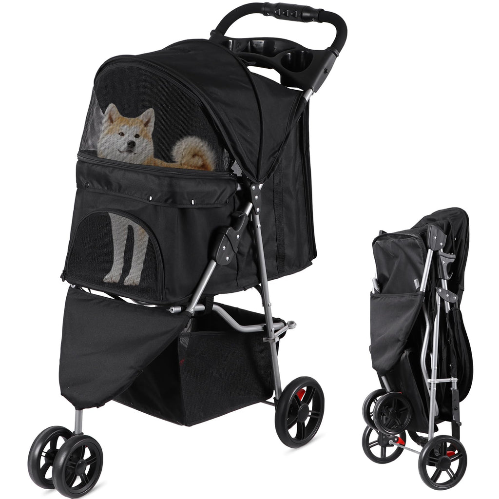 Foldable Pet Stroller with Weather Cover, Storage Basket and Cup Holder O989