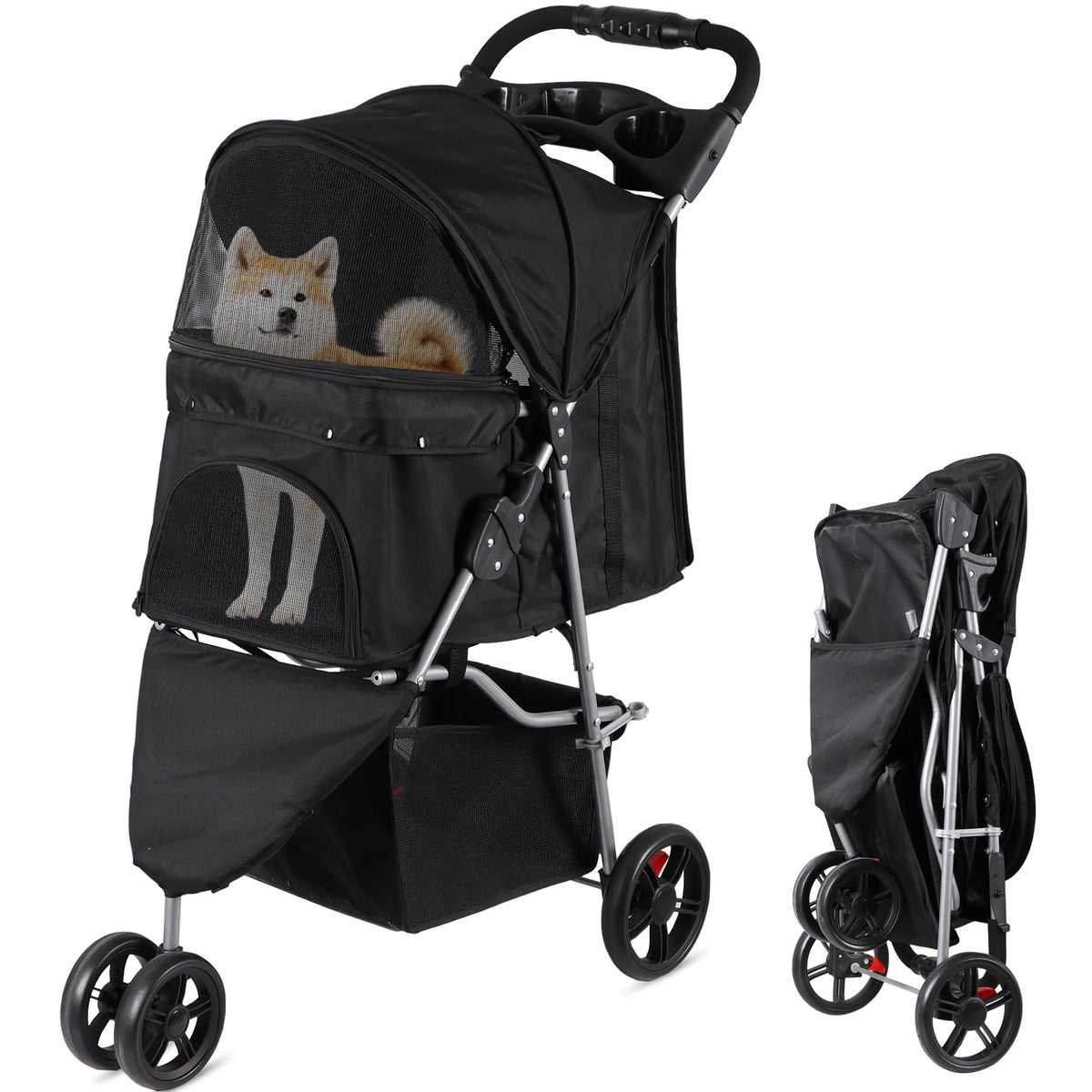 Foldable Pet Stroller with Weather Cover, Storage Basket and Cup Holder O989