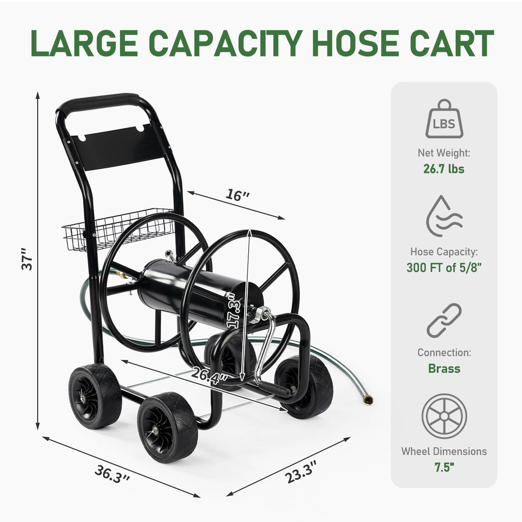 4-Wheel Portable Garden Hose Reel Cart with Storage Basket X791801