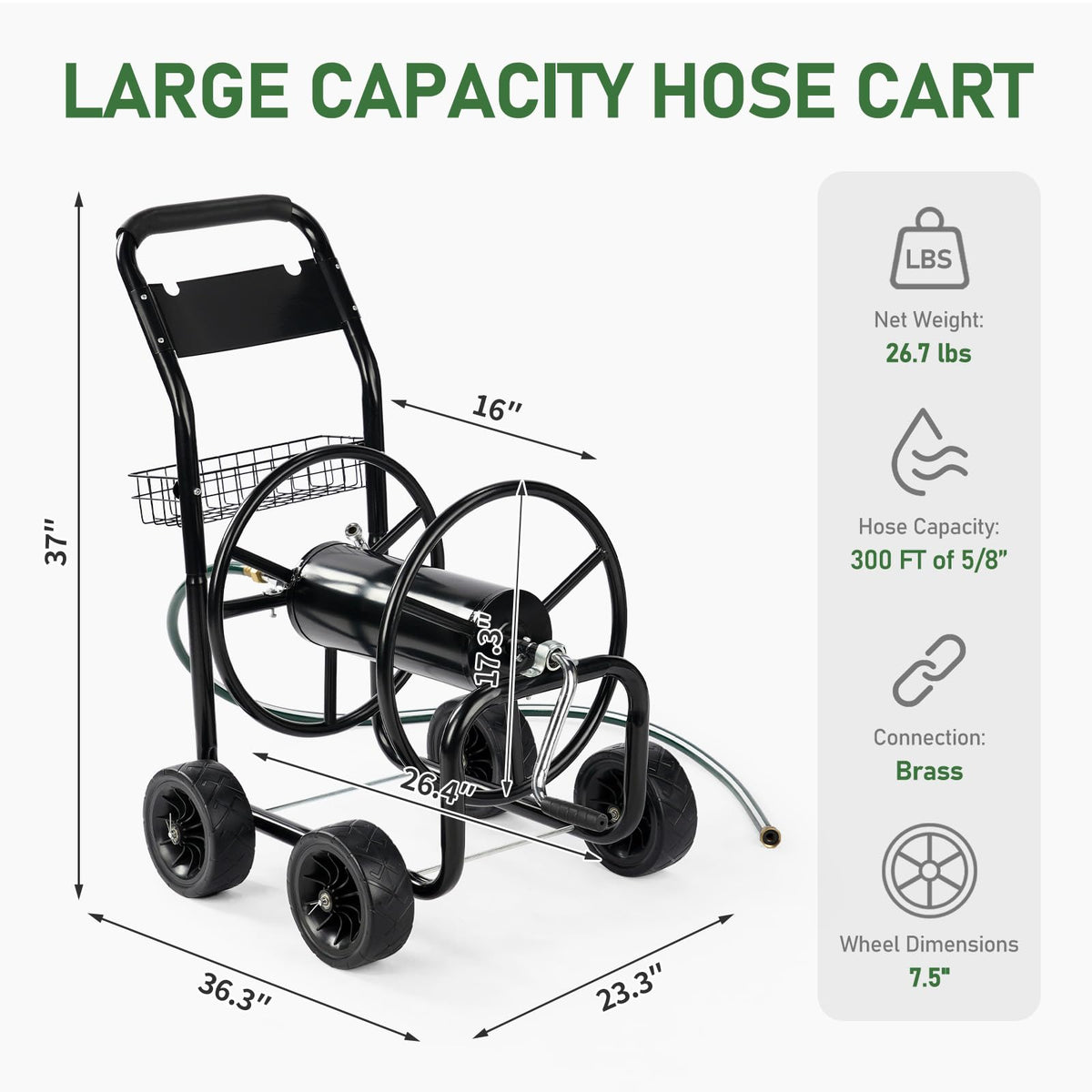 4-Wheel Portable Garden Hose Reel Cart with Storage Basket X791801