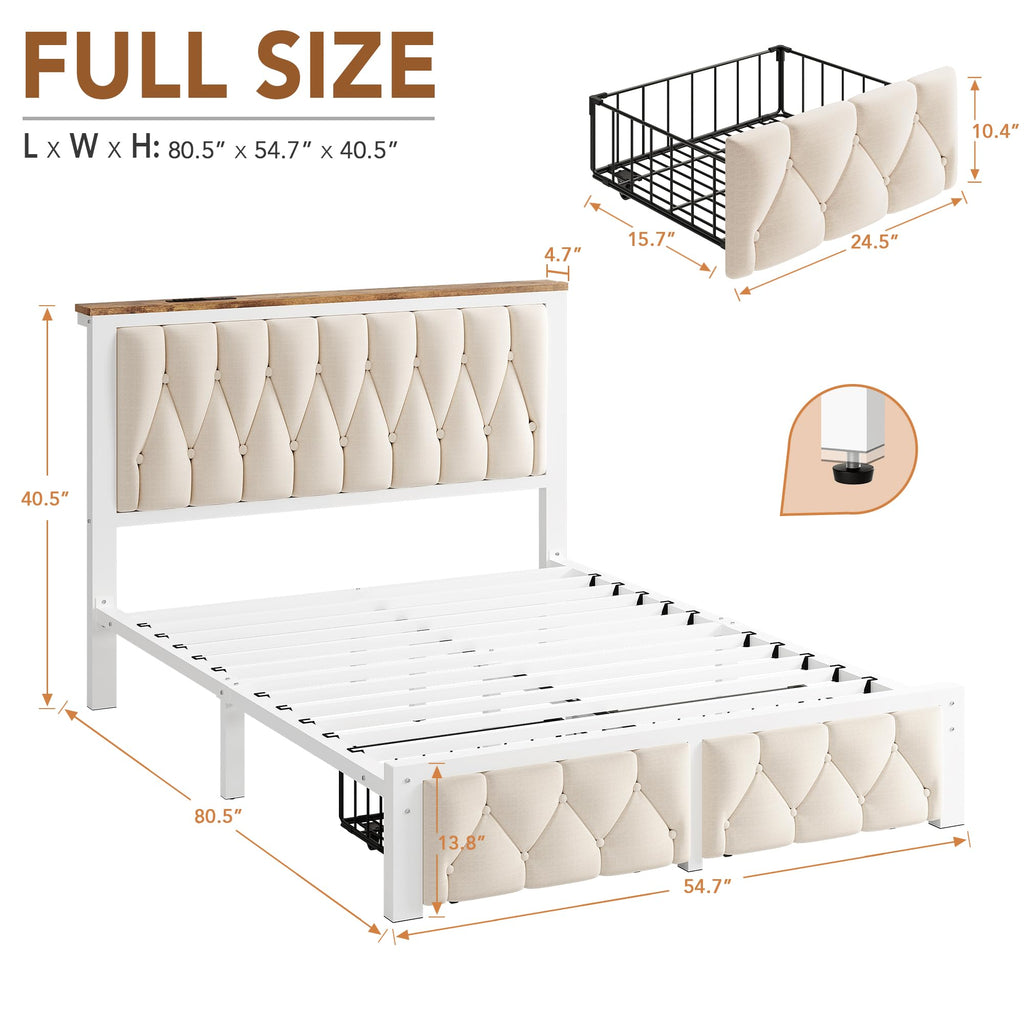 Beige Full Upholstered Platform Bed Frame with 2 Storage Drawers Q98820