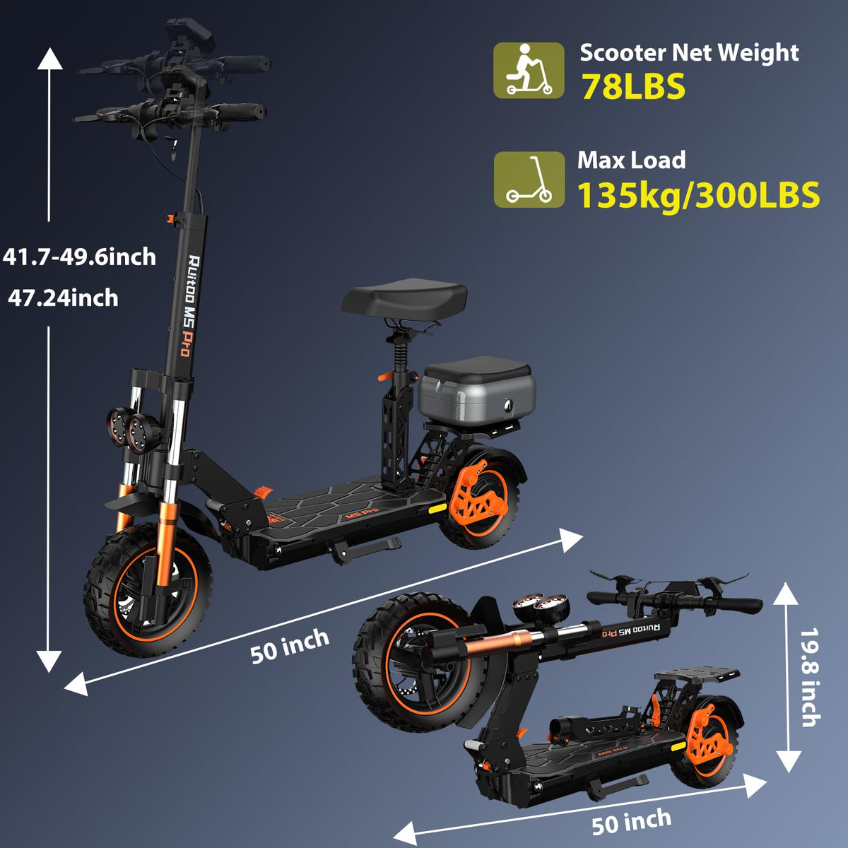 1600 W 50 Miles 40 MPH 10" Off Road Tire Folding E-Scooter 48V 27AH Battery with Detachable Seat Q7291