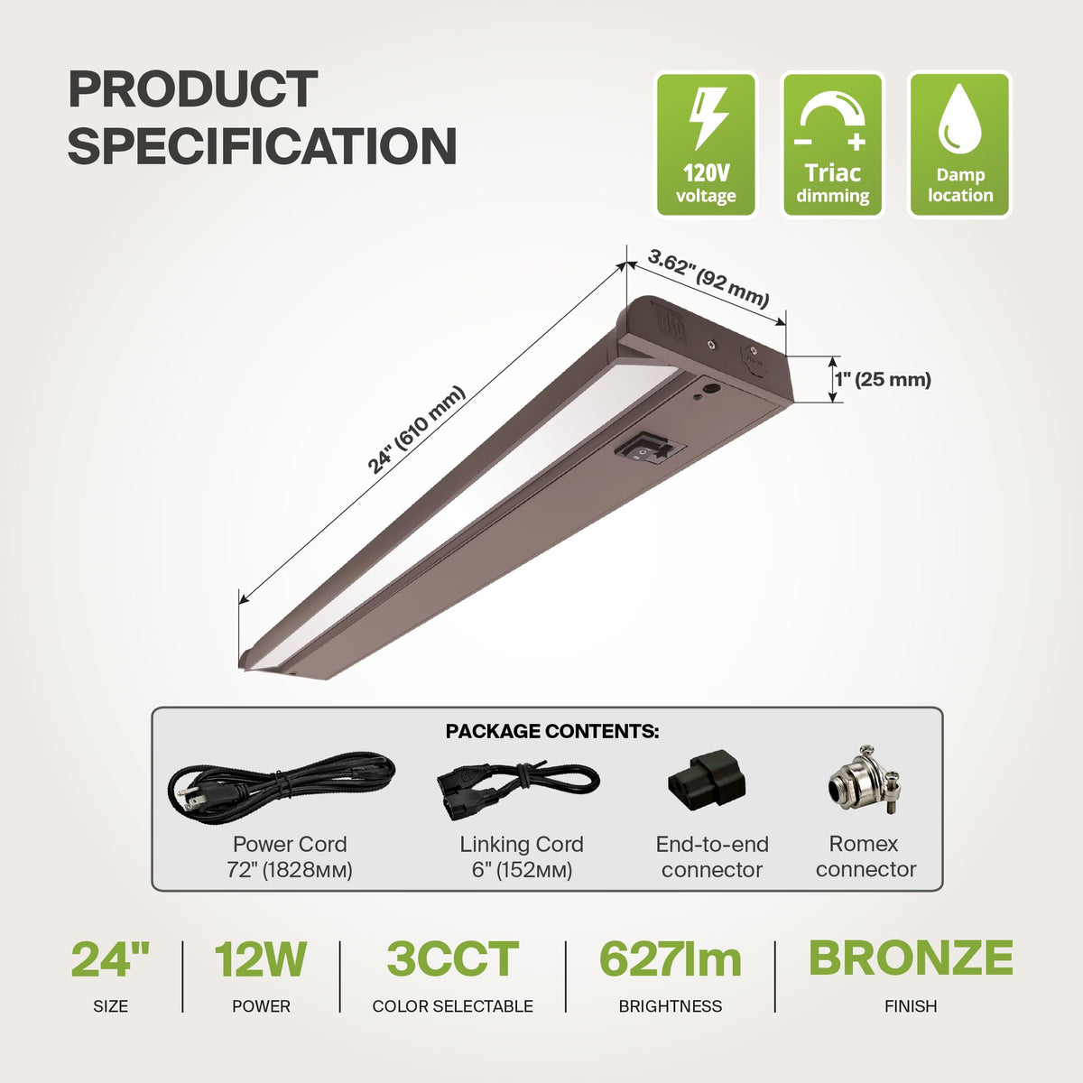 24 Inch Dimmable Linkable LED Under Cabinet Lighting C7139