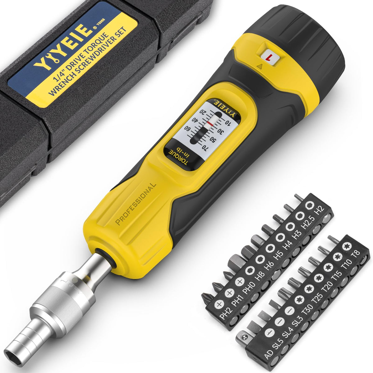 1/4" Ratchet Torque Screwdriver, 10-70 in-lbs, S2 Hex Bits S843068