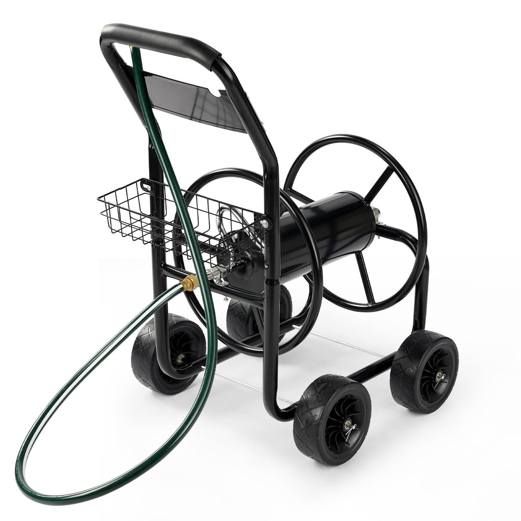 4-Wheel Portable Garden Hose Reel Cart with Storage Basket X791801