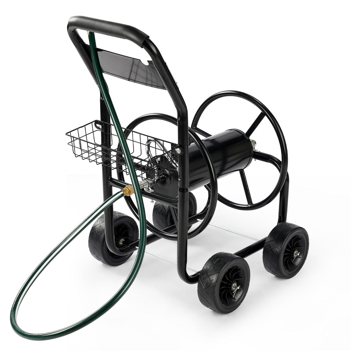 4-Wheel Portable Garden Hose Reel Cart with Storage Basket X791801
